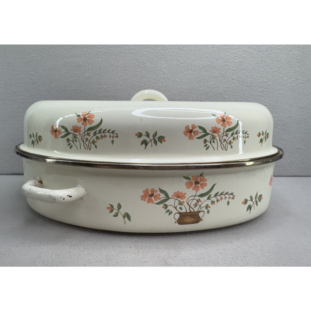 VTG Sheffield Enamelware Roasting Pan w Lid Floral White Roaster Retro Cottage